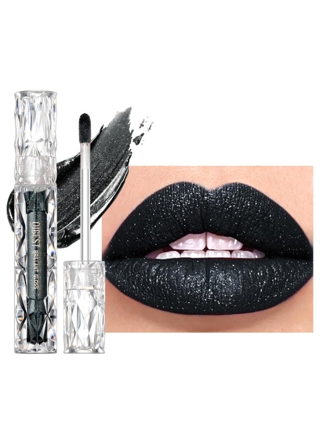Easilydays Black Glitter Lip Gloss, Diamond Shimmer Lipstick, Metallic Matte Lipstick High Pigment Waterproof Long Lasting Lipsticks, Sparkling Glossy Liquid Lipstick Lip Gloss for Women (#10 Black) - Image 1